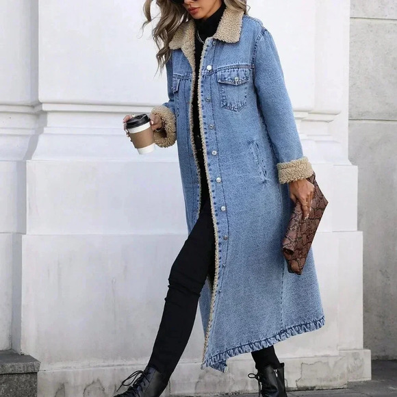 Blue Casual Women's Trendy Fleece-Lined Long Denim Jacket - Picture 3 of 7